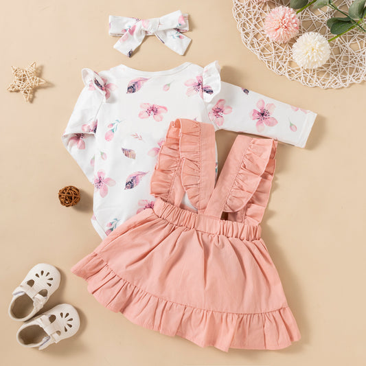 Printed Long-sleeved Baby Girl Romper Two-color Strap