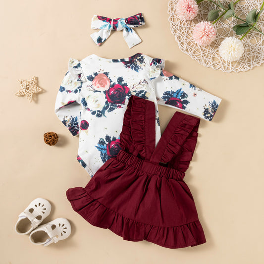 Printed Long-sleeved Baby Girl Romper Two-color Strap
